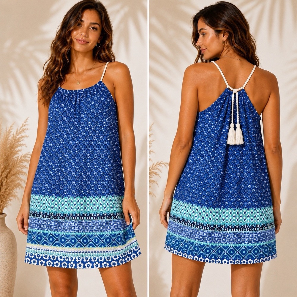 Hollister Blue Boho Shift Dress Women's M Sleeveless Tassel Mini Viscose Travel